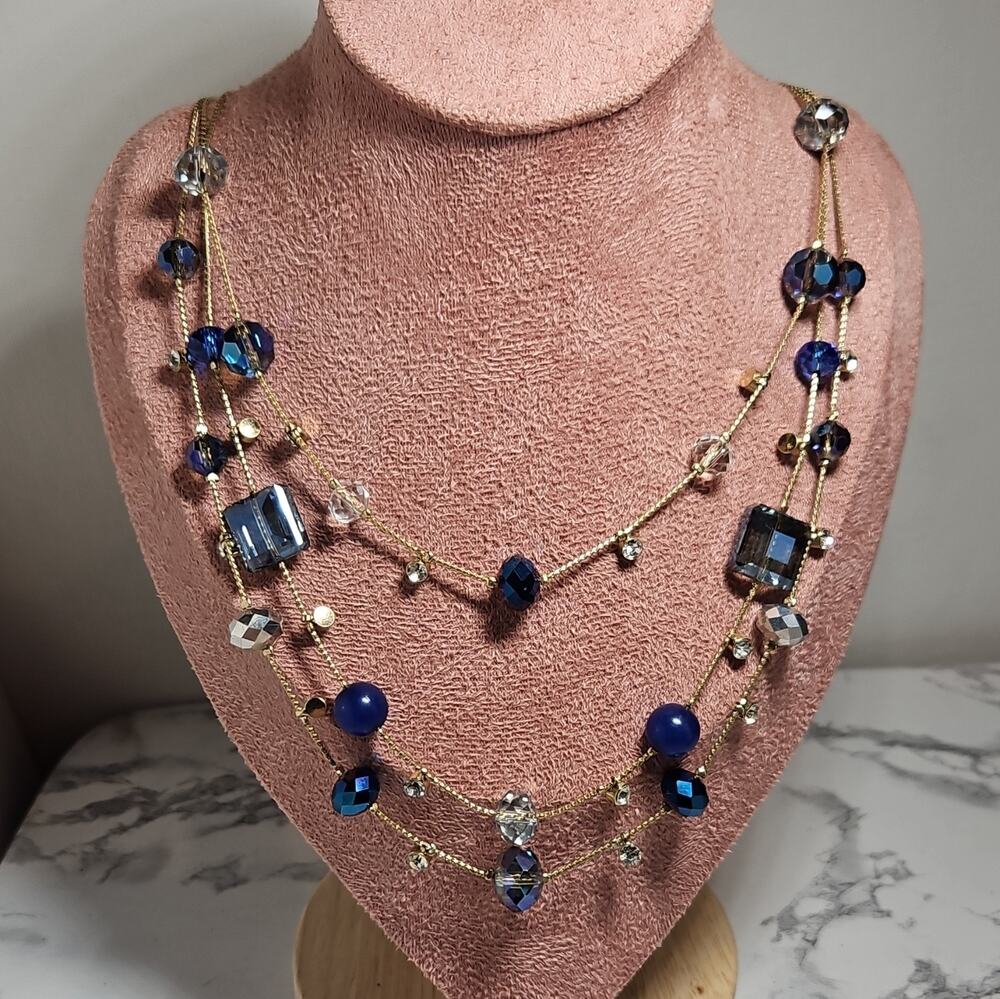 Blue Crystal & Rhinestone Tiered Necklace On Golden Chains